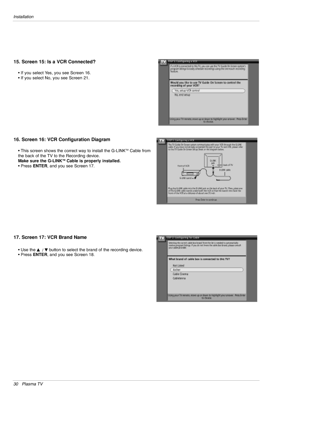 LG Electronics 42PX5D Screen 15 Is a VCR Connected?, Screen 16 VCR Configuration Diagram, Screen 17 VCR Brand Name 