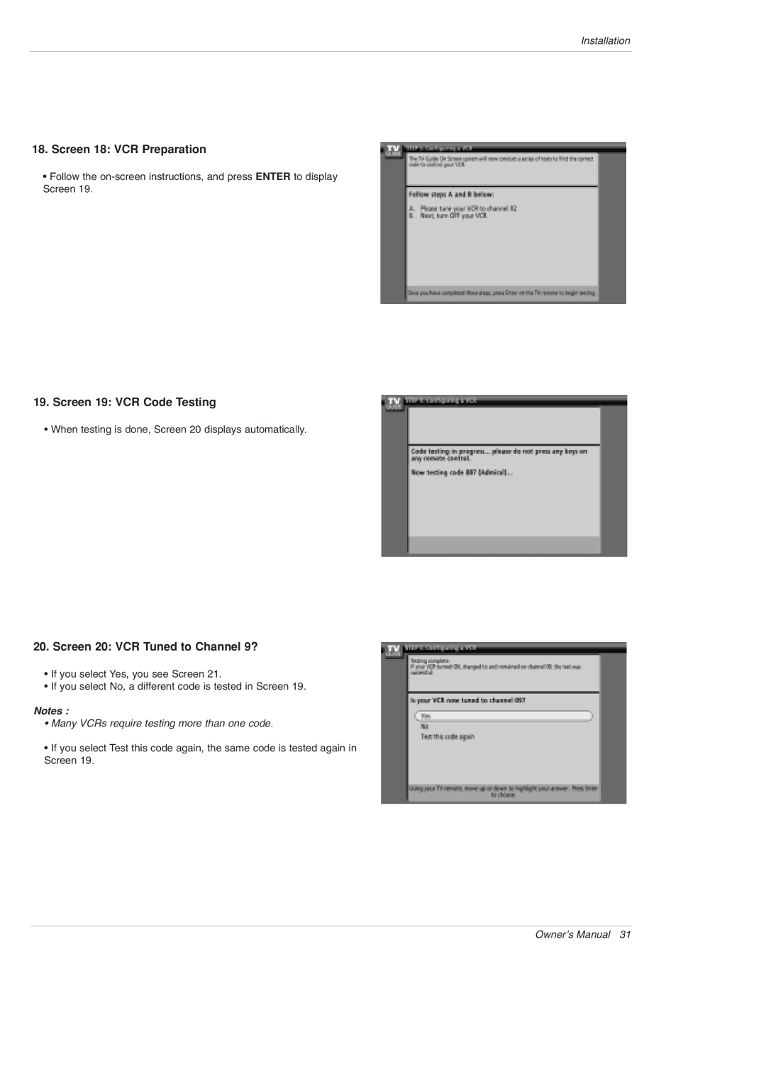 LG Electronics 42PX5D owner manual Screen 18 VCR Preparation, Screen 19 VCR Code Testing, Screen 20 VCR Tuned to Channel 9? 