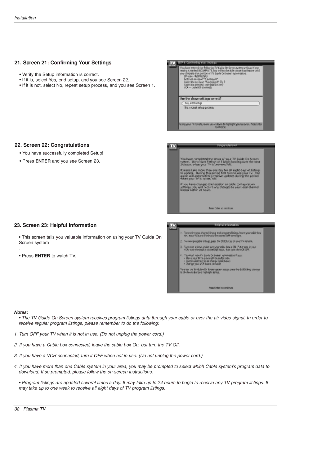 LG Electronics 42PX5D Screen 21 Confirming Your Settings, Screen 22 Congratulations, Screen 23 Helpful Information 