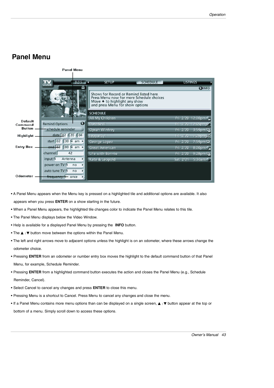 LG Electronics 42PX5D owner manual Panel Menu 