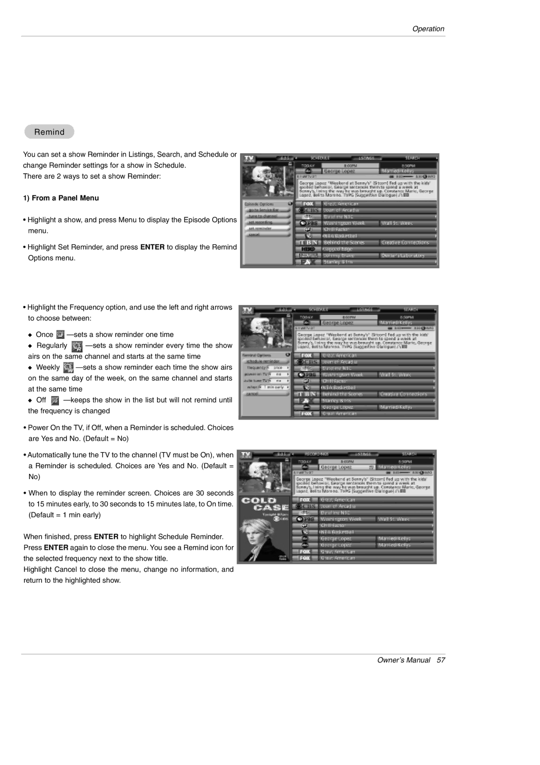 LG Electronics 42PX5D owner manual Remind, From a Panel Menu 