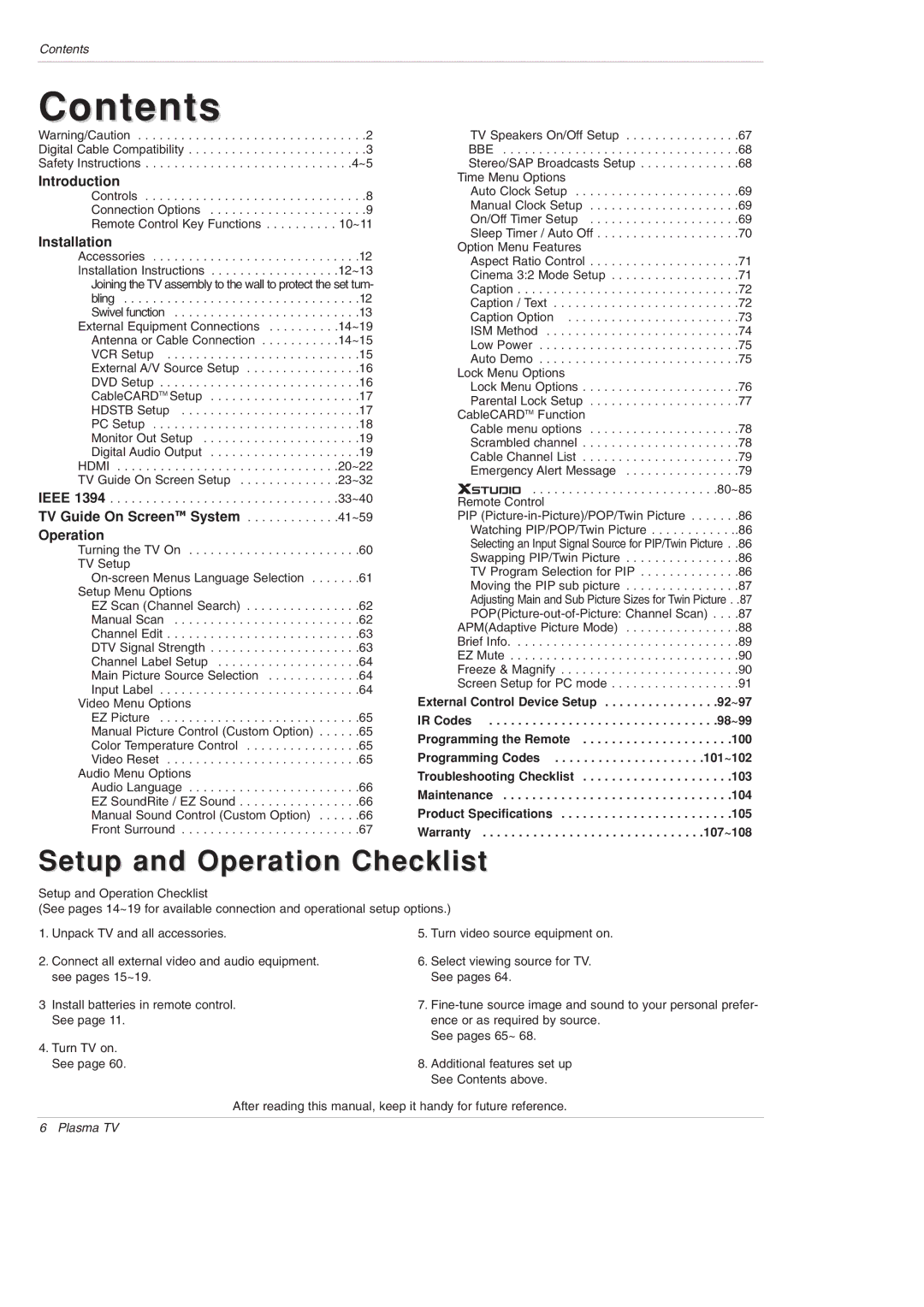 LG Electronics 42PX5D owner manual Contents 