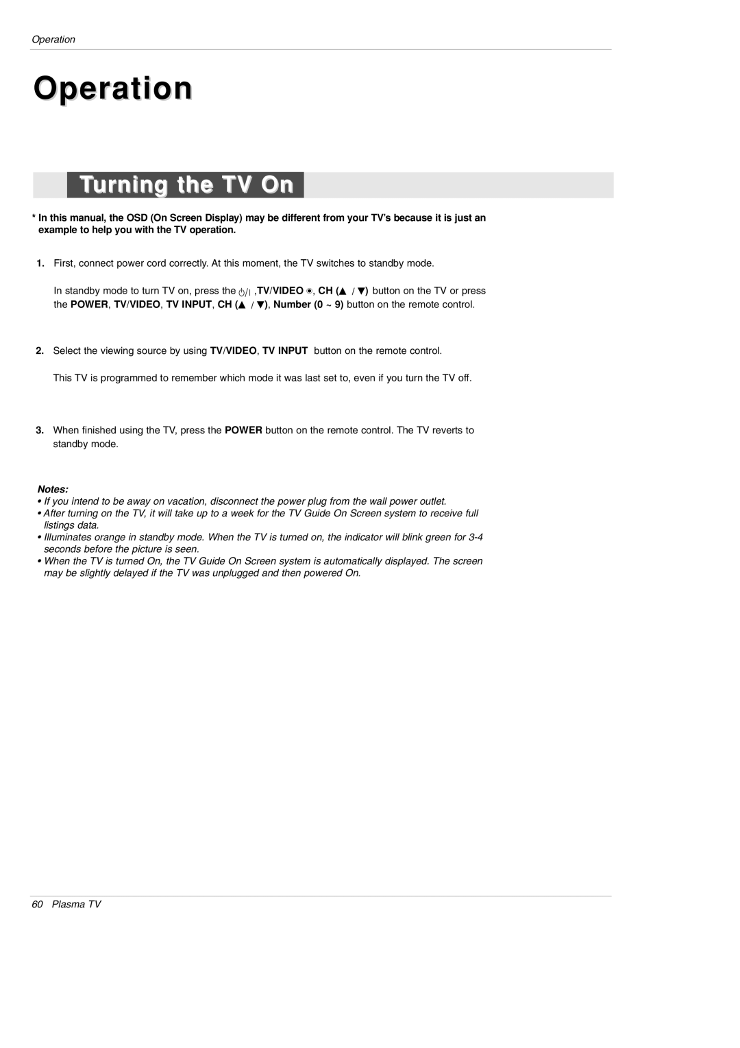 LG Electronics 42PX5D owner manual Operation, Turning the TV On 