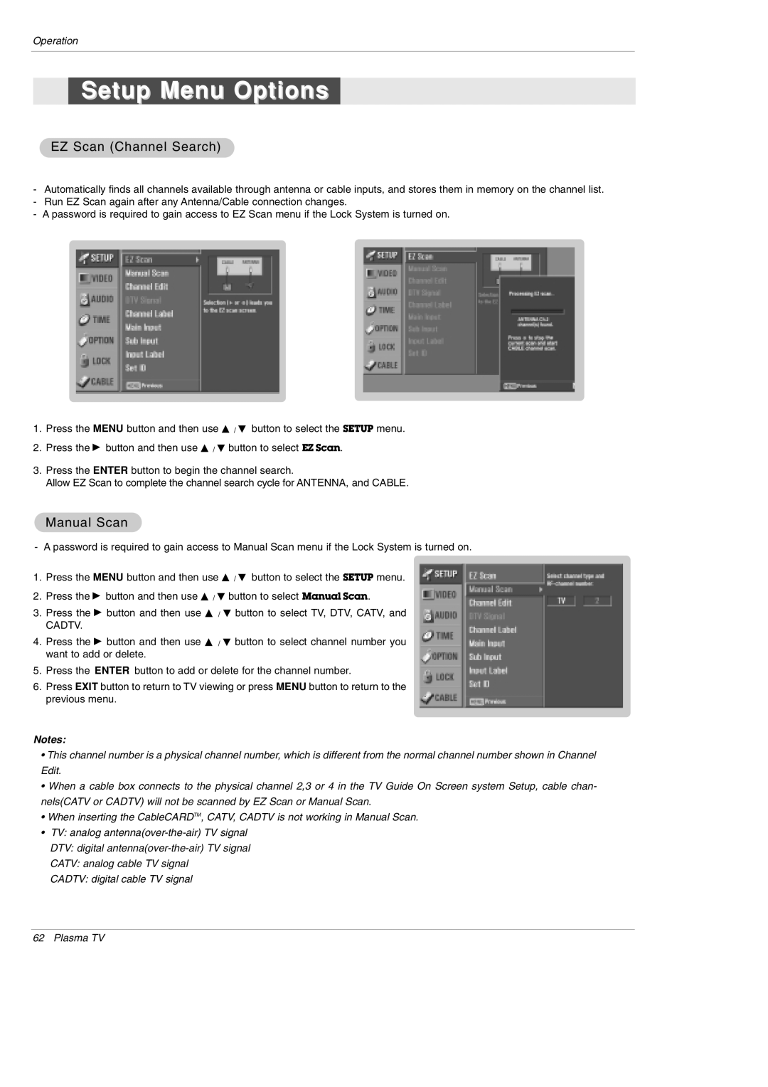 LG Electronics 42PX5D owner manual Setup Menu Options, EZ Scan Channel Search, Manual Scan 