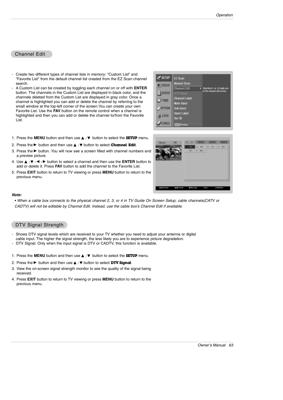 LG Electronics 42PX5D owner manual Channel Edit, DTV Signal Strength 