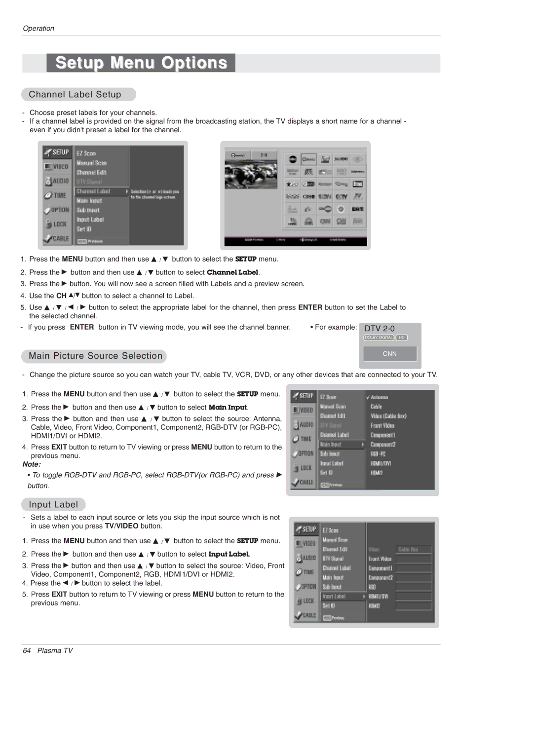 LG Electronics 42PX5D owner manual Channel Label Setup, Main Picture Source Selection, Input Label 