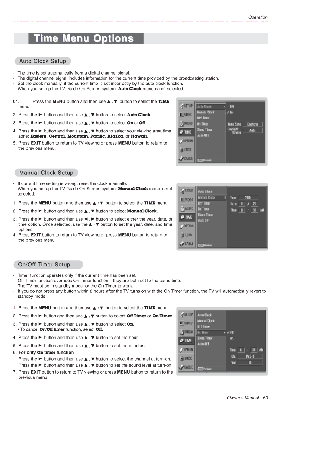 LG Electronics 42PX5D owner manual Time Menu Options, Auto Clock Setup, Manual Clock Setup, On/Off Timer Setup 