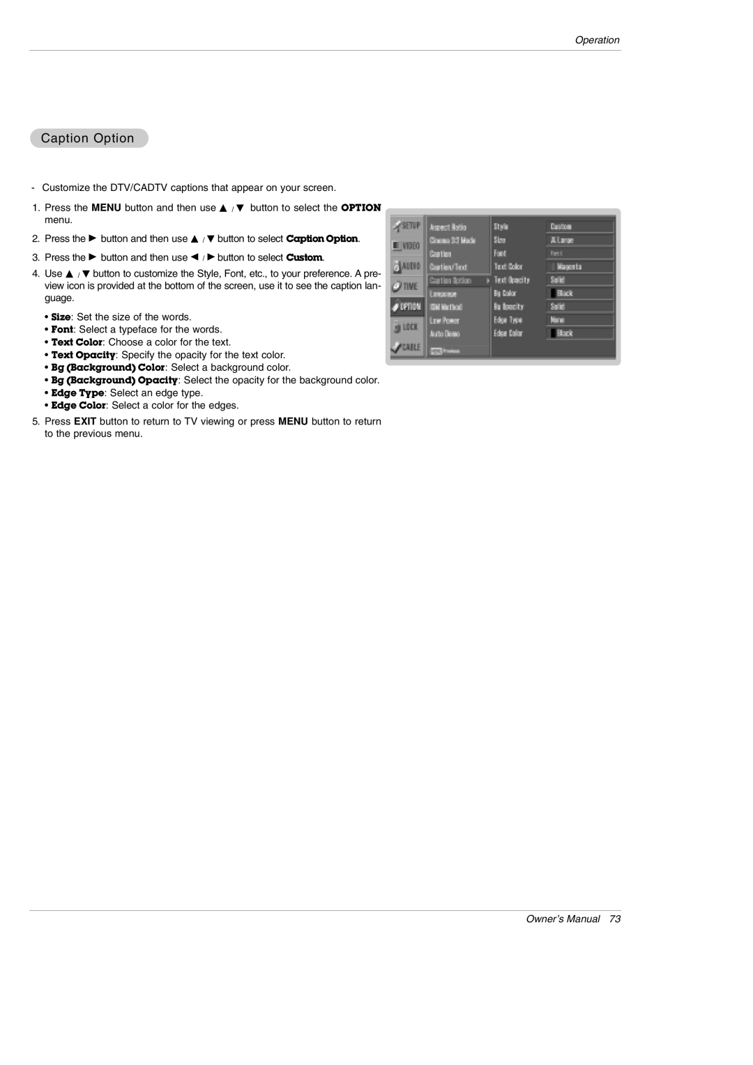 LG Electronics 42PX5D owner manual Caption Option 