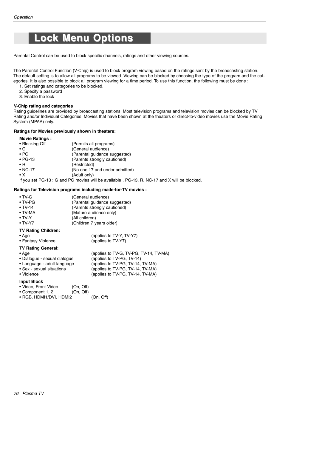 LG Electronics 42PX5D Lock Menu Options, Chip rating and categories, TV Rating Children, TV Rating General, Input Block 