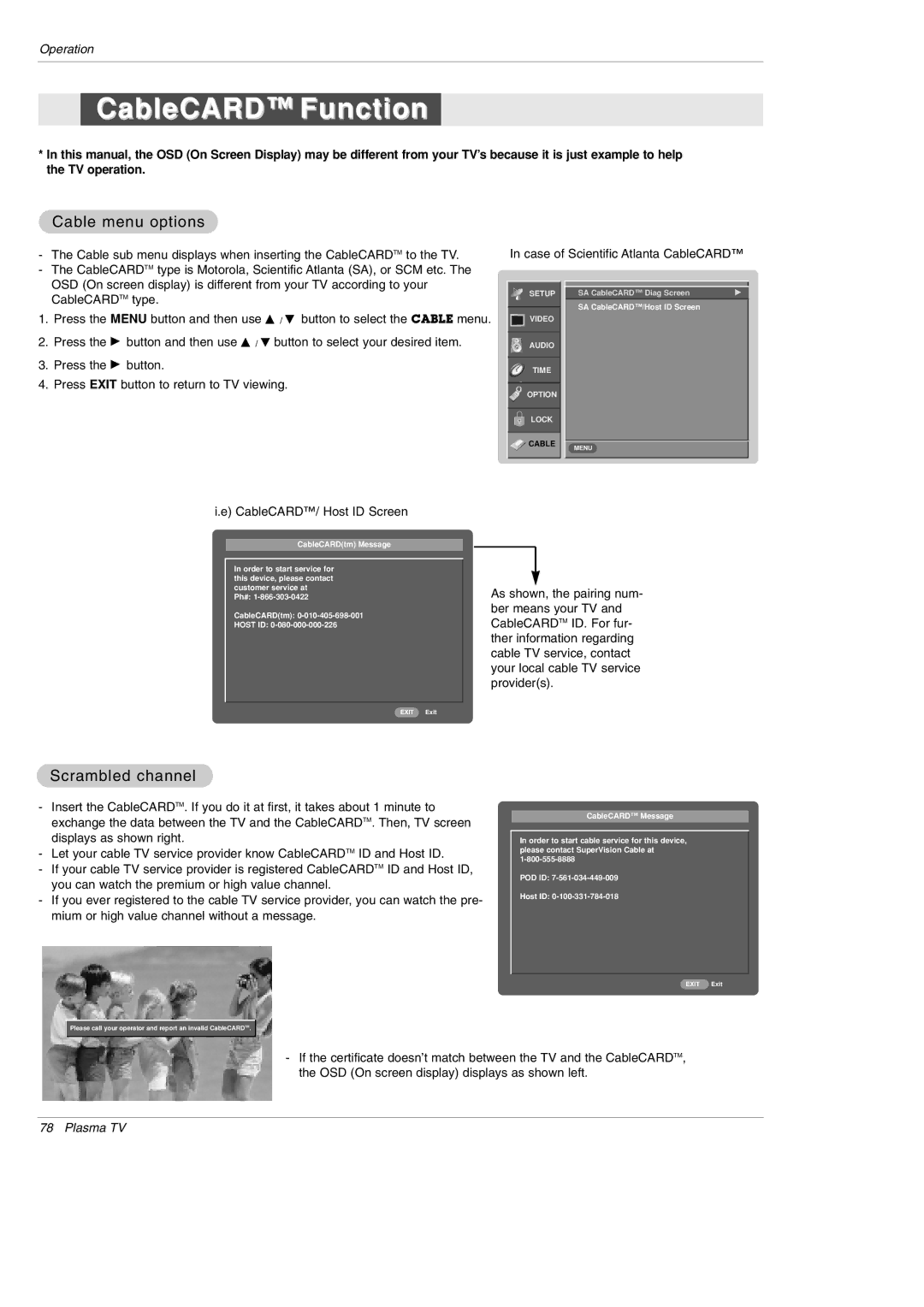 LG Electronics 42PX5D owner manual CableCARD Function, Cable menu options, Scrambled channel 