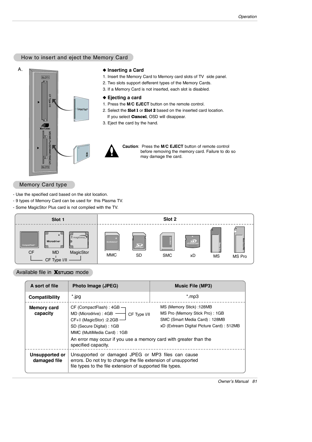 LG Electronics 42PX5D owner manual How to insert and eject the Memory Card, Memory Card type, Available file in mode 