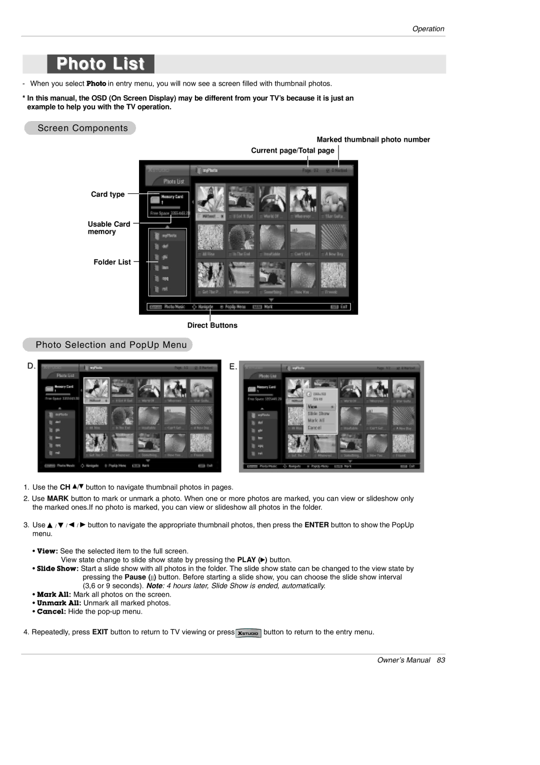 LG Electronics 42PX5D owner manual Photo List, Screen Components, Photo Selection and PopUp Menu 