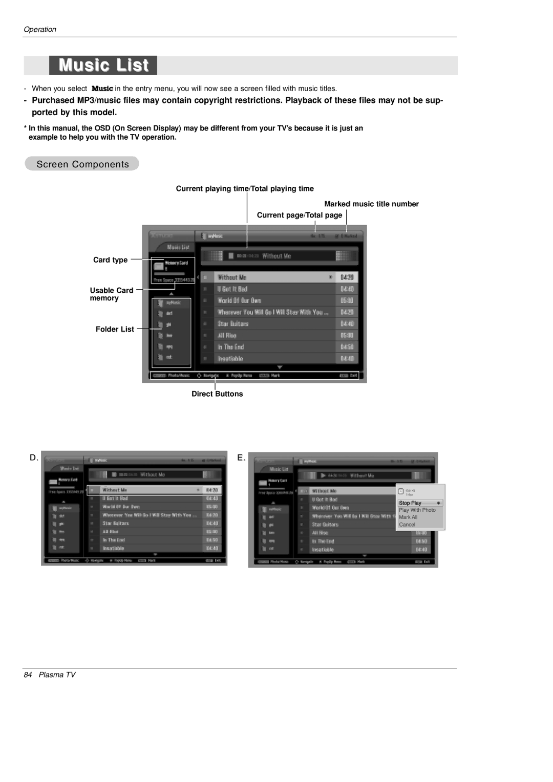 LG Electronics 42PX5D owner manual Music List 