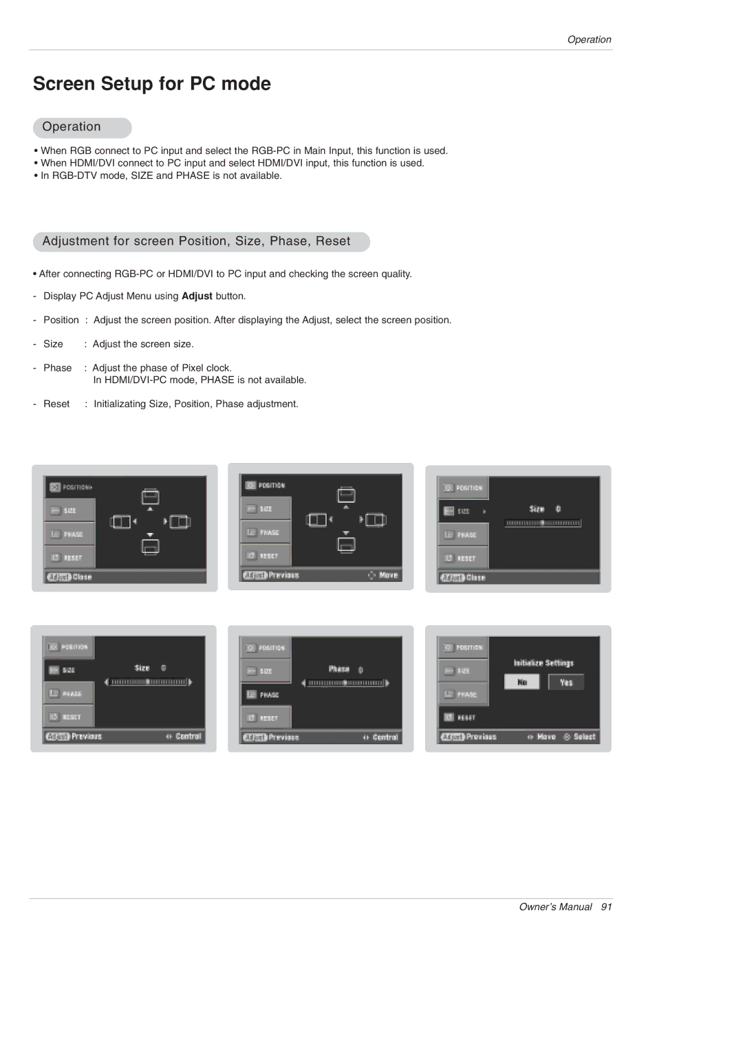 LG Electronics 42PX5D owner manual Operation, Adjustment for screen Position, Size, Phase, Reset 