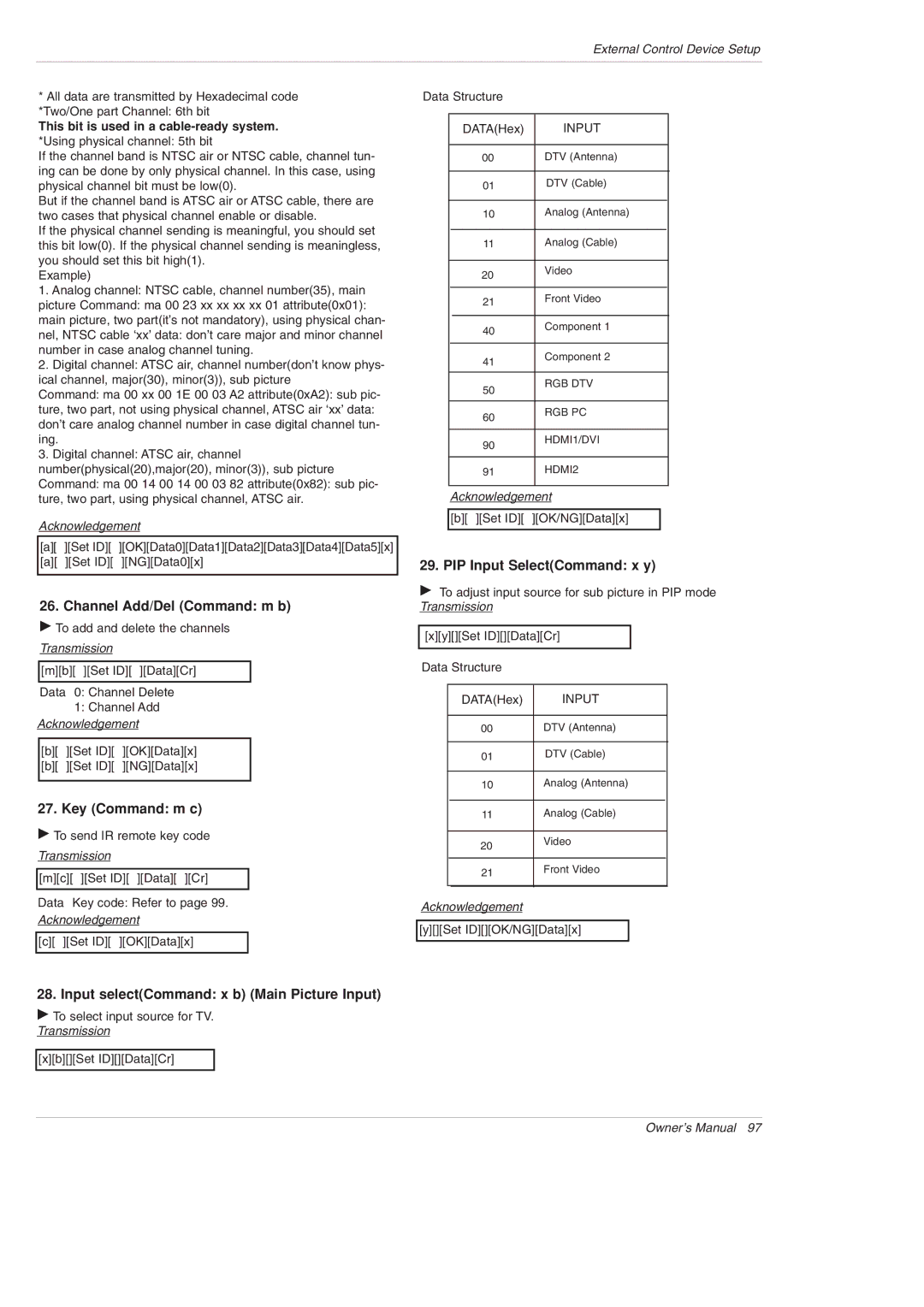 LG Electronics 42PX5D owner manual Channel Add/Del Command m b, Key Command m c, Input selectCommand x b Main Picture Input 