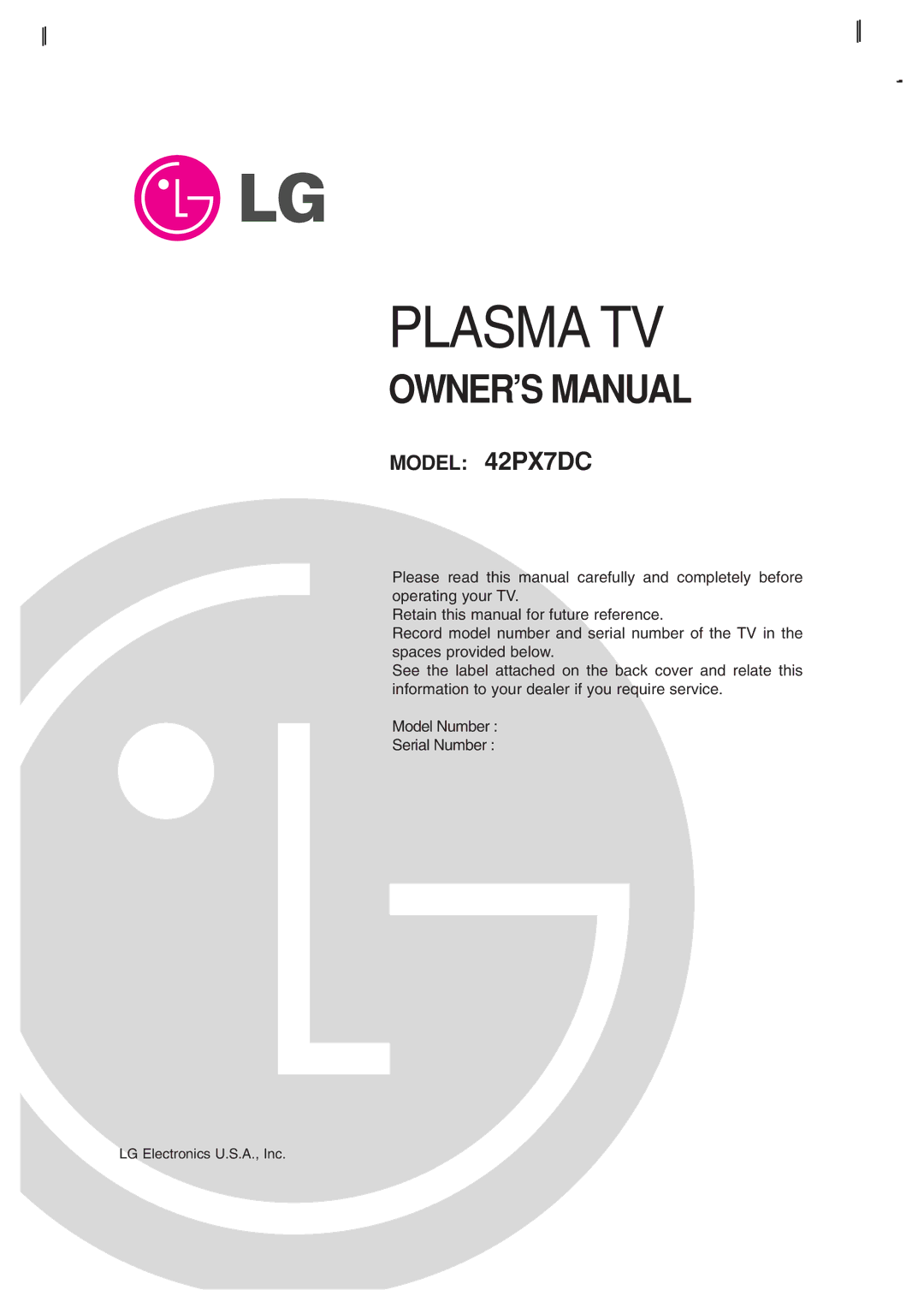 LG Electronics 42PX7DC owner manual Plasma TV, LG Electronics U.S.A., Inc 