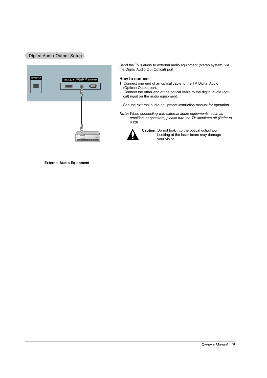 LG Electronics 42PX7DC owner manual Digital Audio Output Setup, External Audio Equipment 