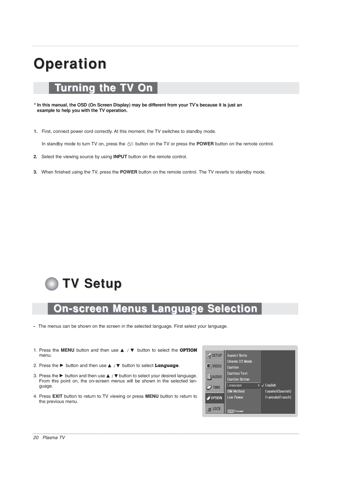 LG Electronics 42PX7DC owner manual Turning the TV On, On-screen Menus Language Selection 