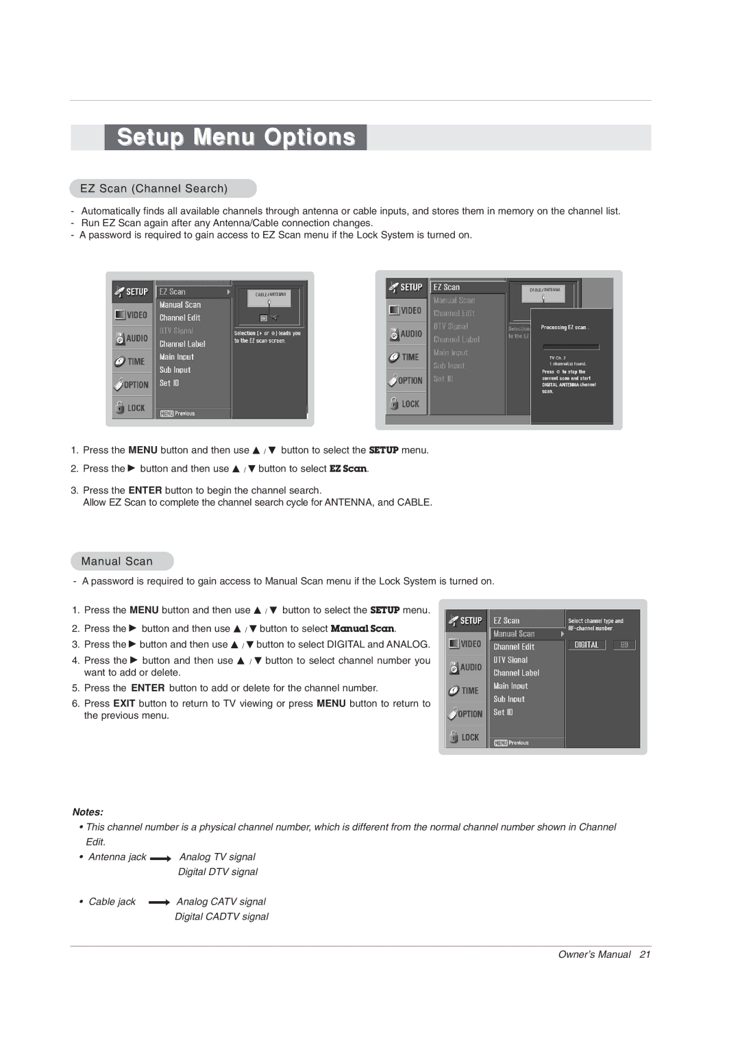 LG Electronics 42PX7DC owner manual Setup Menu Options, EZ Scan Channel Search, Manual Scan 