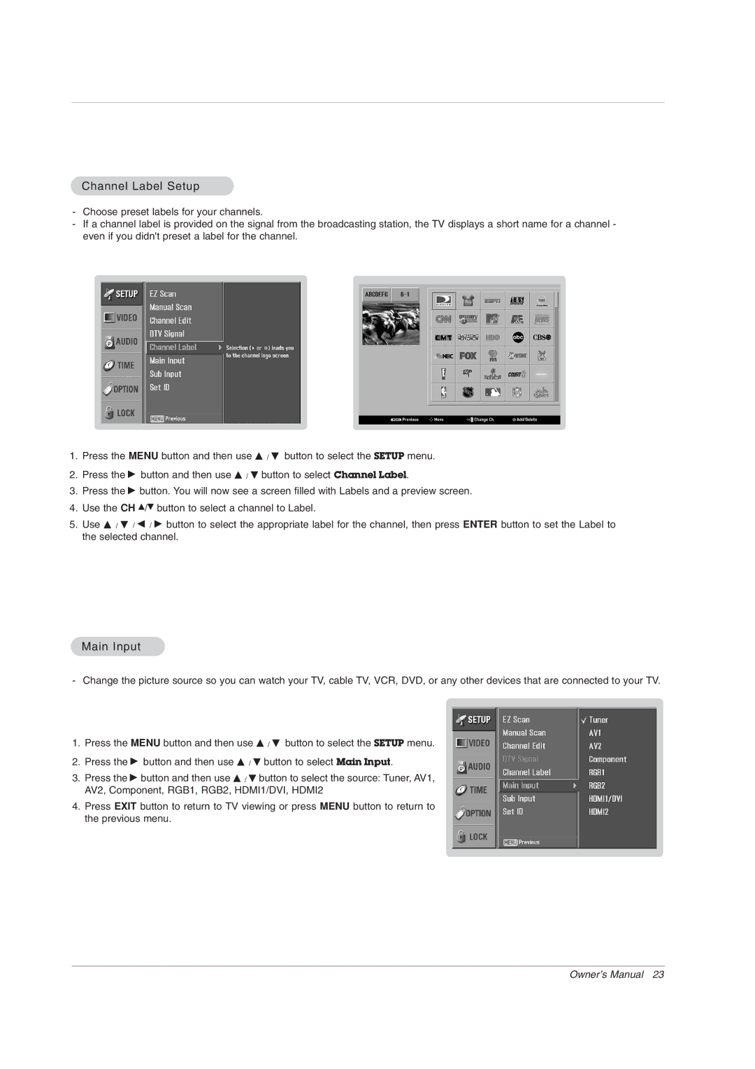 LG Electronics 42PX7DC owner manual Channel Label Setup, Main Input 