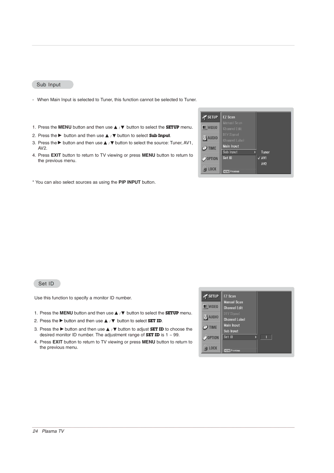 LG Electronics 42PX7DC owner manual Sub Input, Set ID 