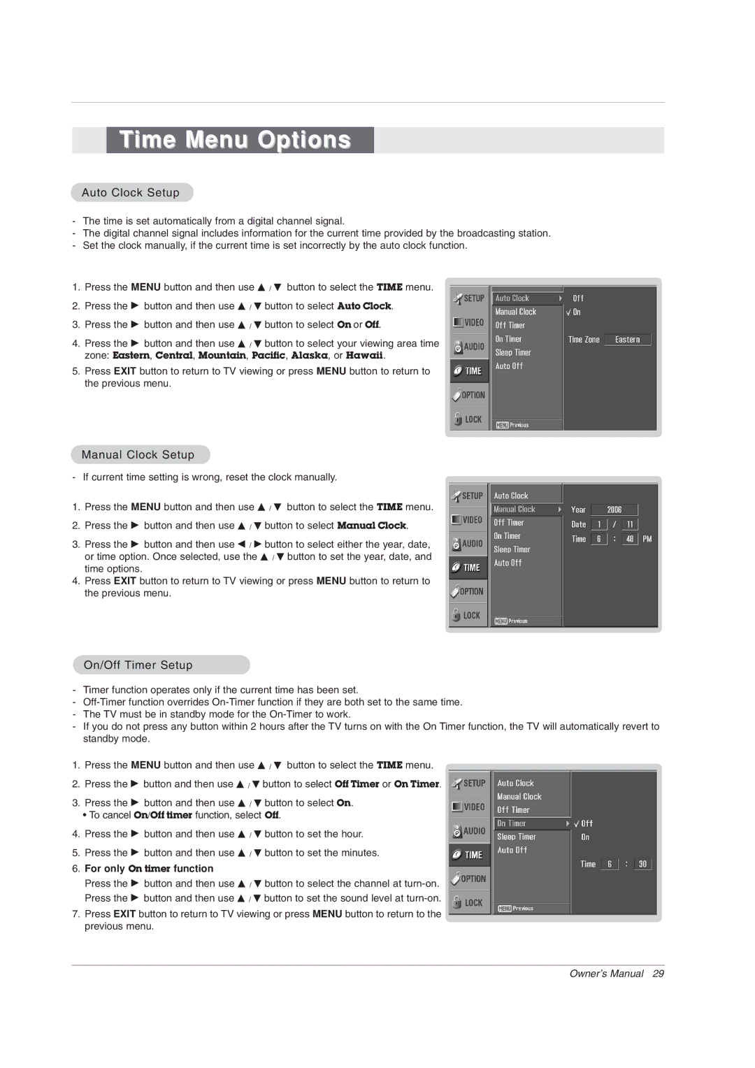 LG Electronics 42PX7DC owner manual Time Menu Options, Auto Clock Setup, Manual Clock Setup, On/Off Timer Setup 