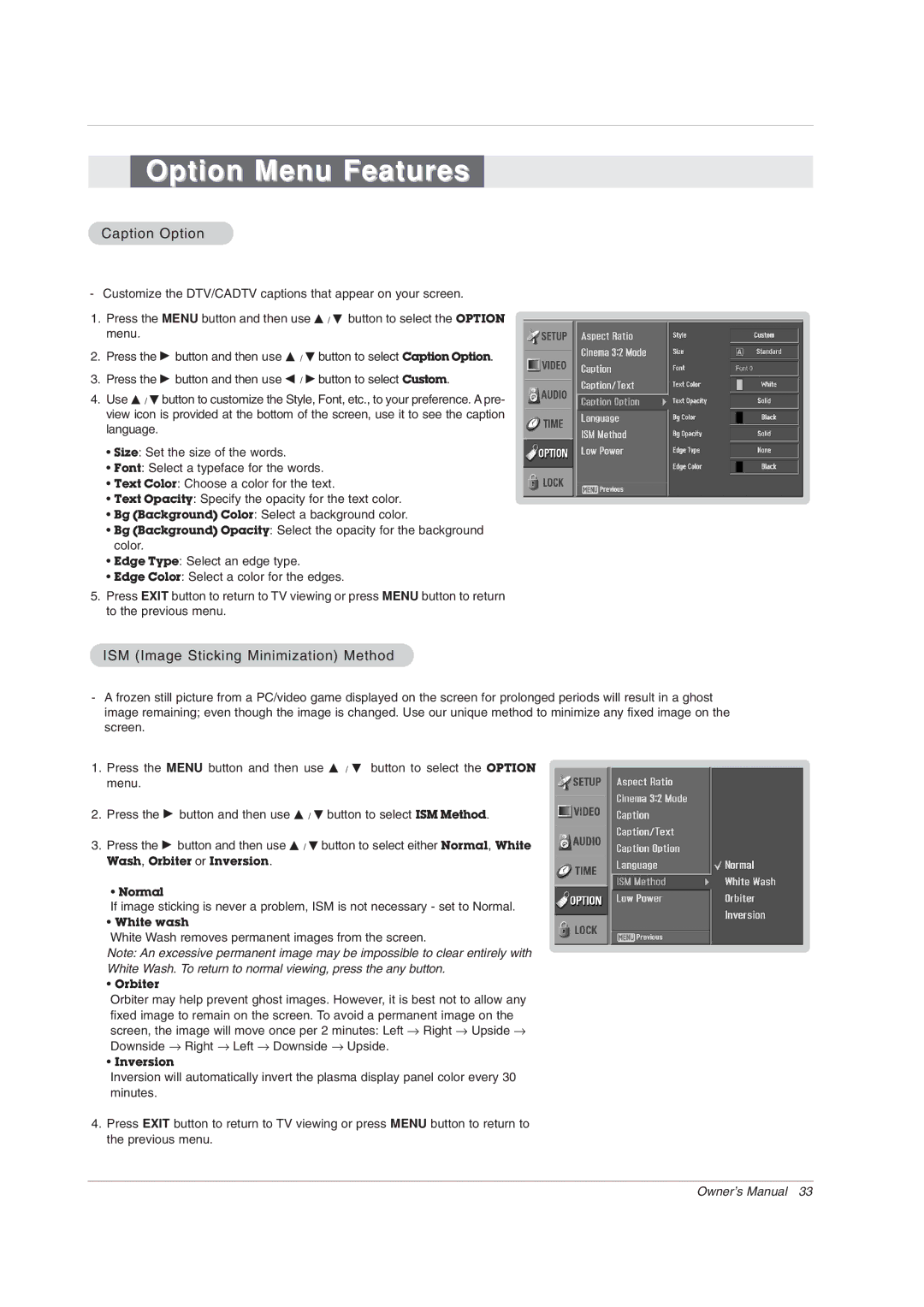 LG Electronics 42PX7DC owner manual Caption Option, ISM Image Sticking Minimization Method 