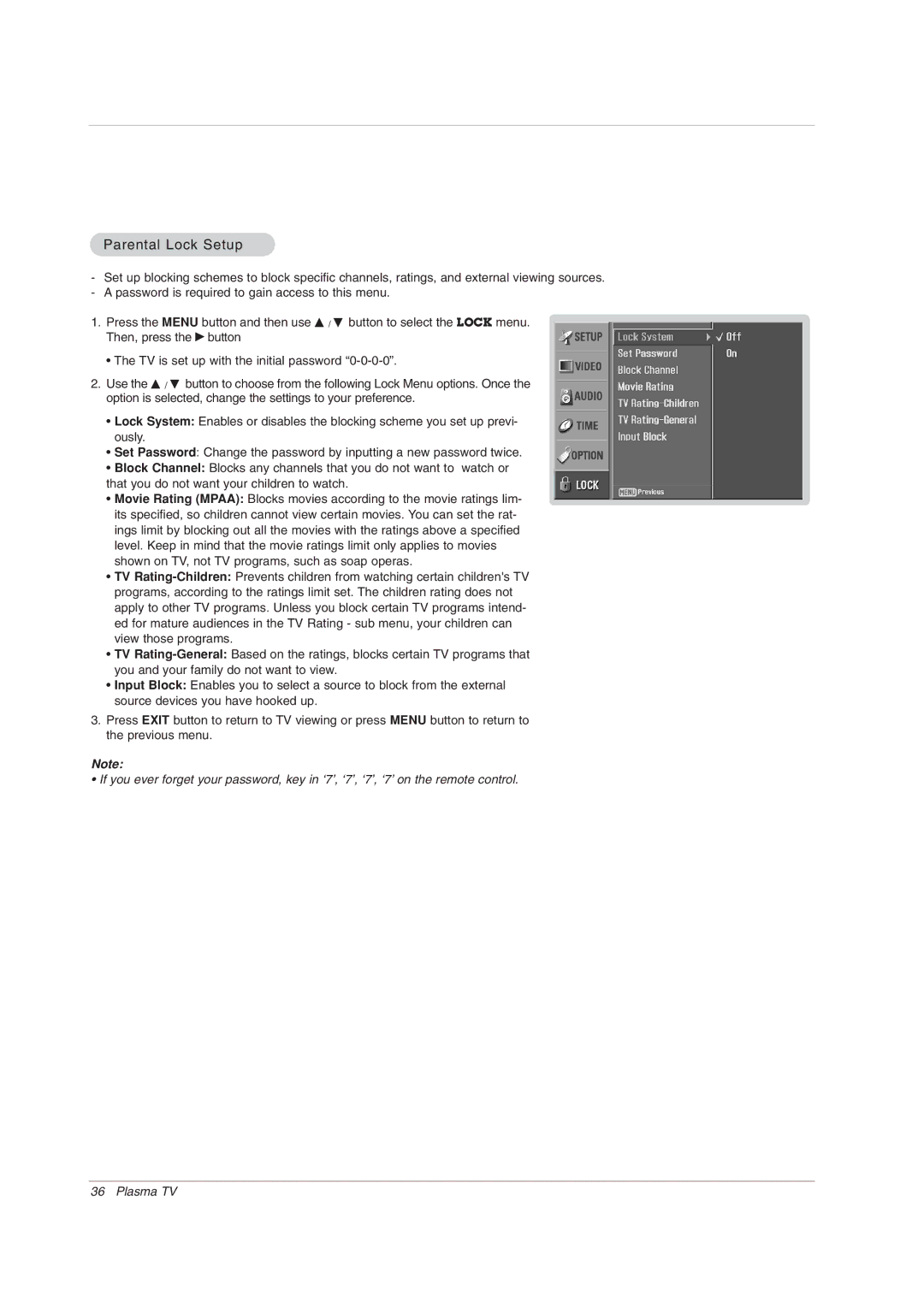 LG Electronics 42PX7DC owner manual Parental Lock Setup 