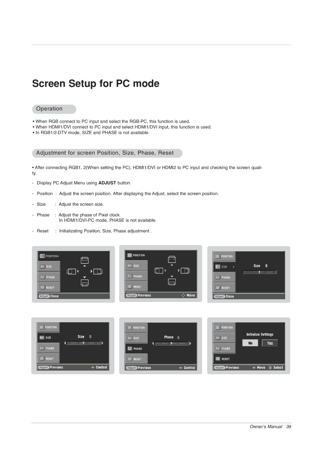 LG Electronics 42PX7DC owner manual Screen Setup for PC mode, Operation 