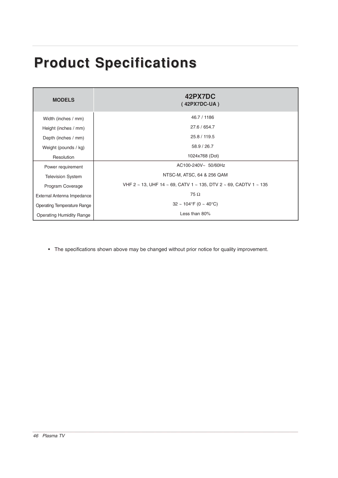 LG Electronics owner manual Product Specifications, 42PX7DC-UA 