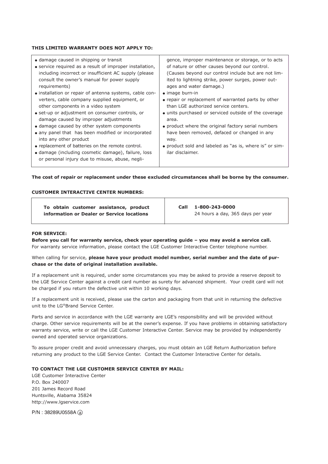 LG Electronics 42PX7DC owner manual 38289U0558A a, This Limited Warranty does not Apply to 