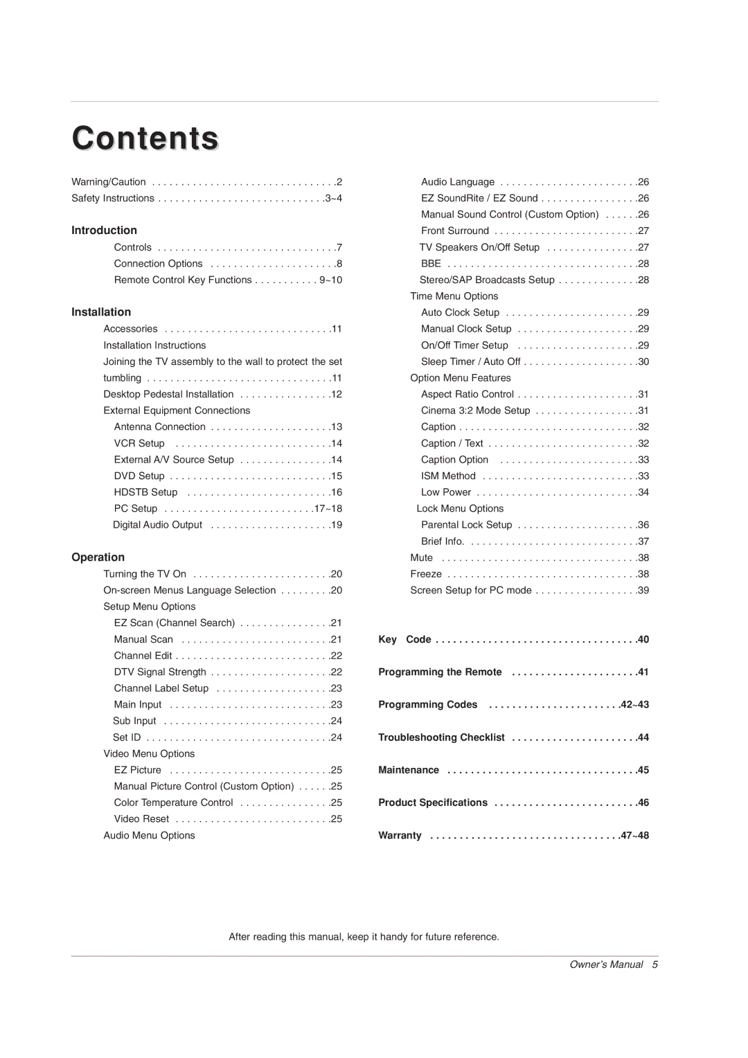 LG Electronics 42PX7DC owner manual Contents 