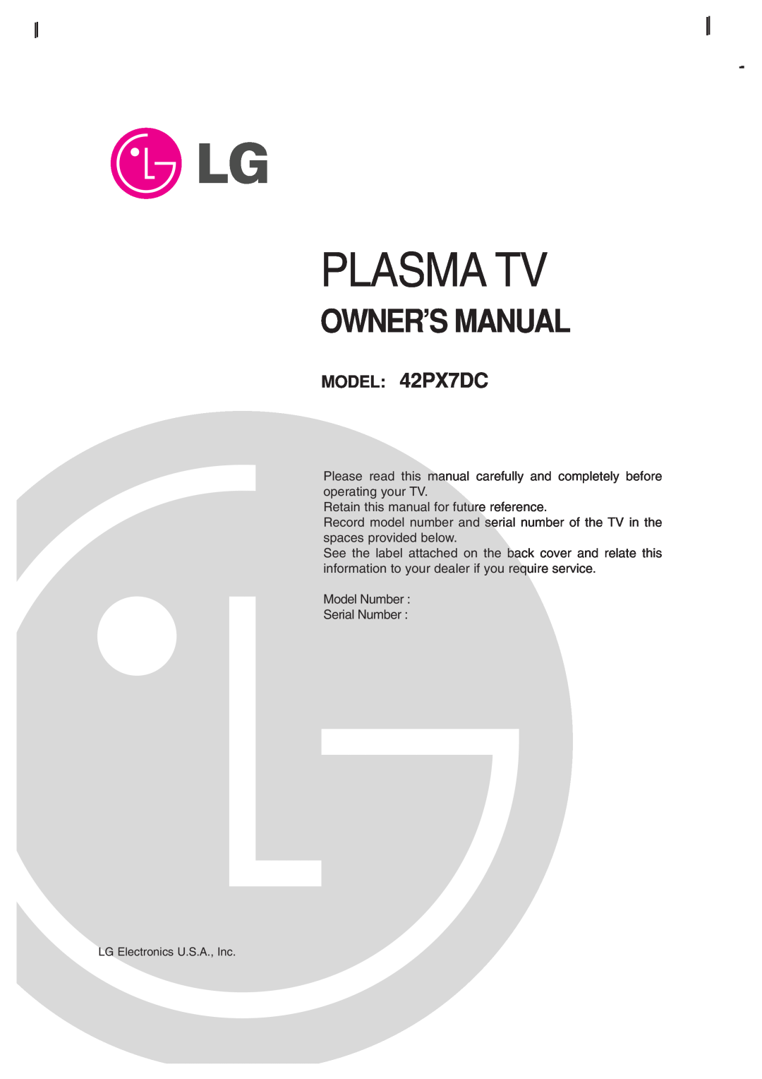 LG Electronics owner manual Owner’S Manual, Plasma Tv, MODEL 42PX7DC 
