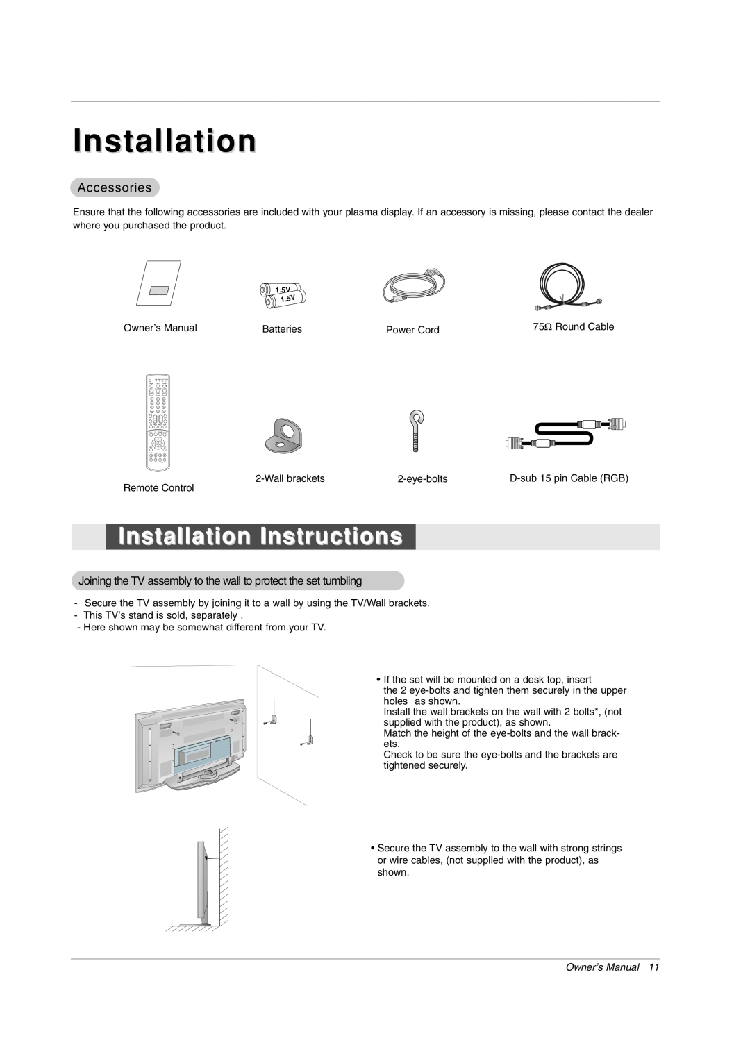LG Electronics 42PX7DC owner manual Installation Instructions, Owner’s Manual 