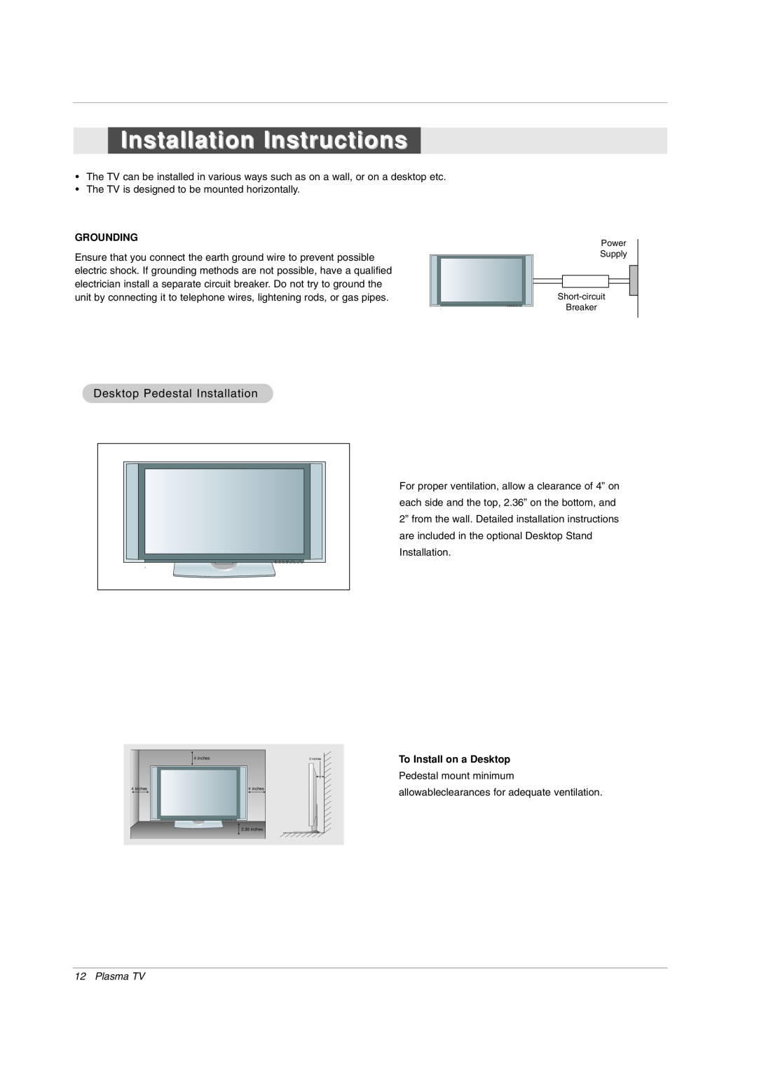 LG Electronics 42PX7DC Installation Instructions, Desktop Pedestal Installation, Grounding, To Install on a Desktop 