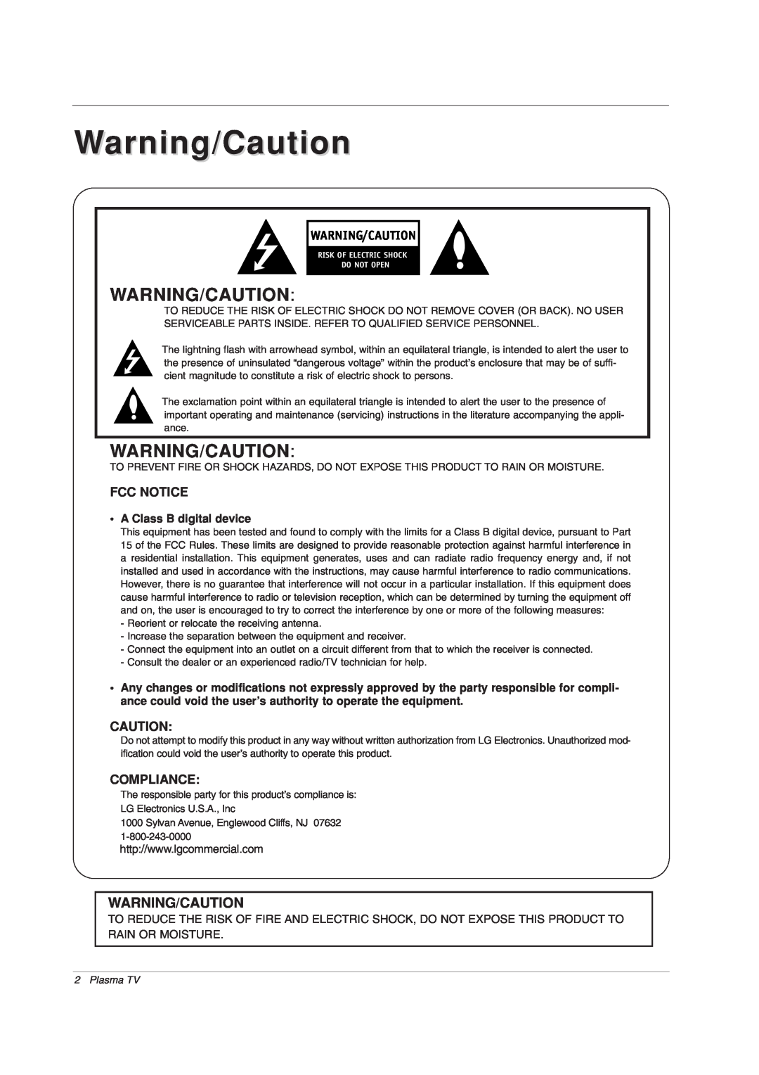 LG Electronics 42PX7DC owner manual Warning/Caution, Fcc Notice, Compliance, A Class B digital device, Plasma TV 