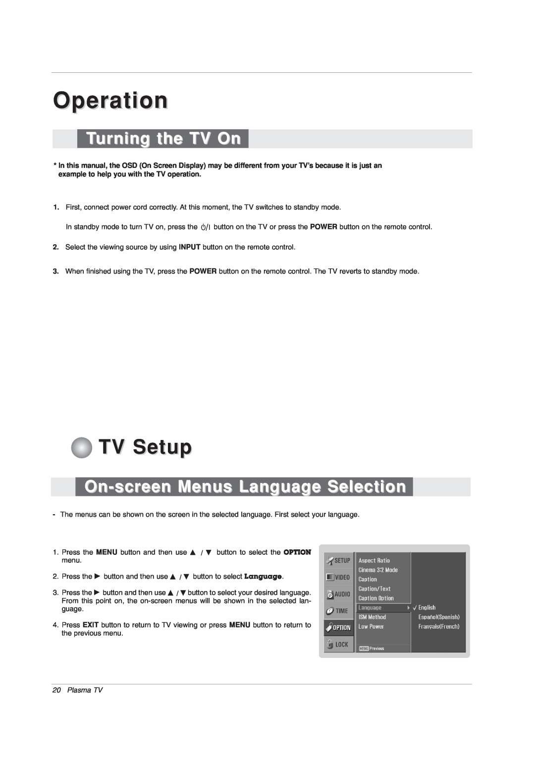 LG Electronics 42PX7DC owner manual Operation, Turning the TV On, On-screen Menus Language Selection, TV Setup, Plasma TV 