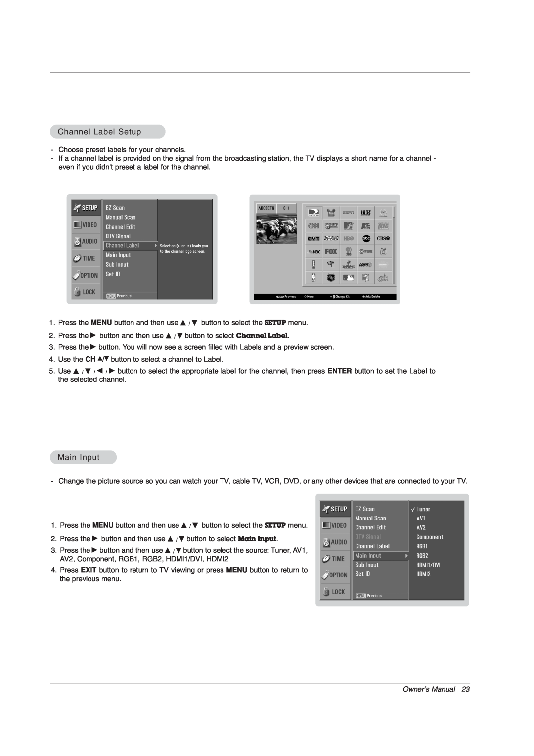 LG Electronics 42PX7DC owner manual Channel Label Setup, Main Input, Owner’s Manual 