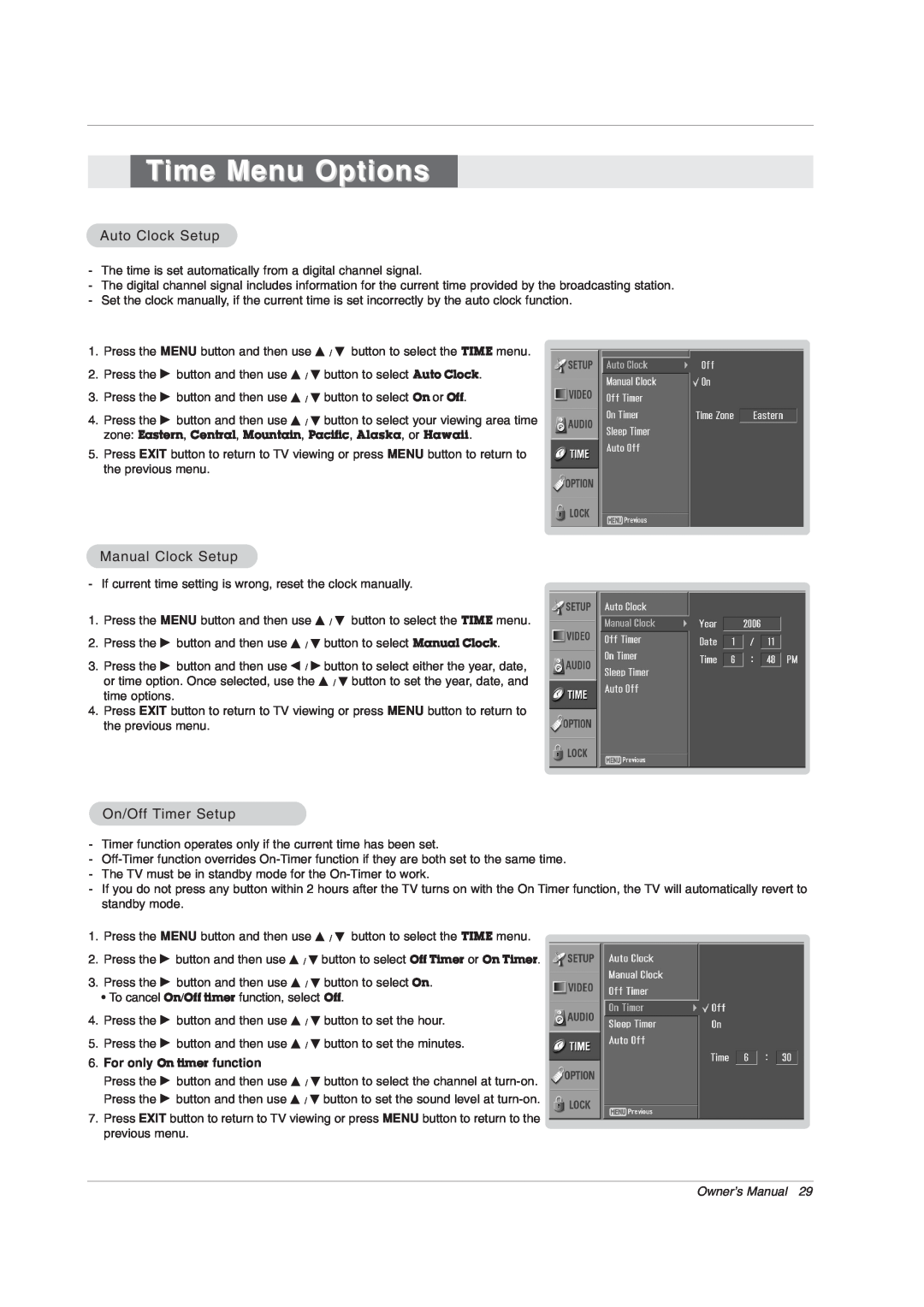 LG Electronics 42PX7DC Time Menu Options, Auto Clock Setup, Manual Clock Setup, On/Off Timer Setup, Owner’s Manual 