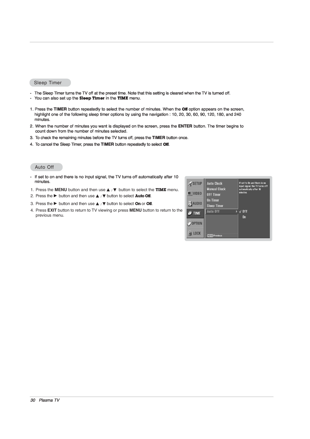 LG Electronics 42PX7DC owner manual Sleep Timer, Auto Off, Plasma TV 