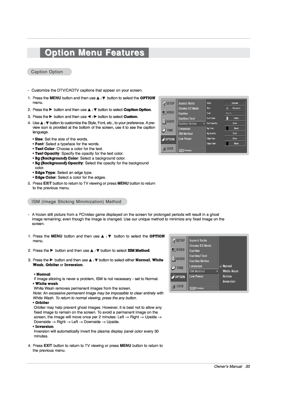 LG Electronics 42PX7DC Option Menu Features, Caption Option, ISM Image Sticking Minimization Method, Owner’s Manual 
