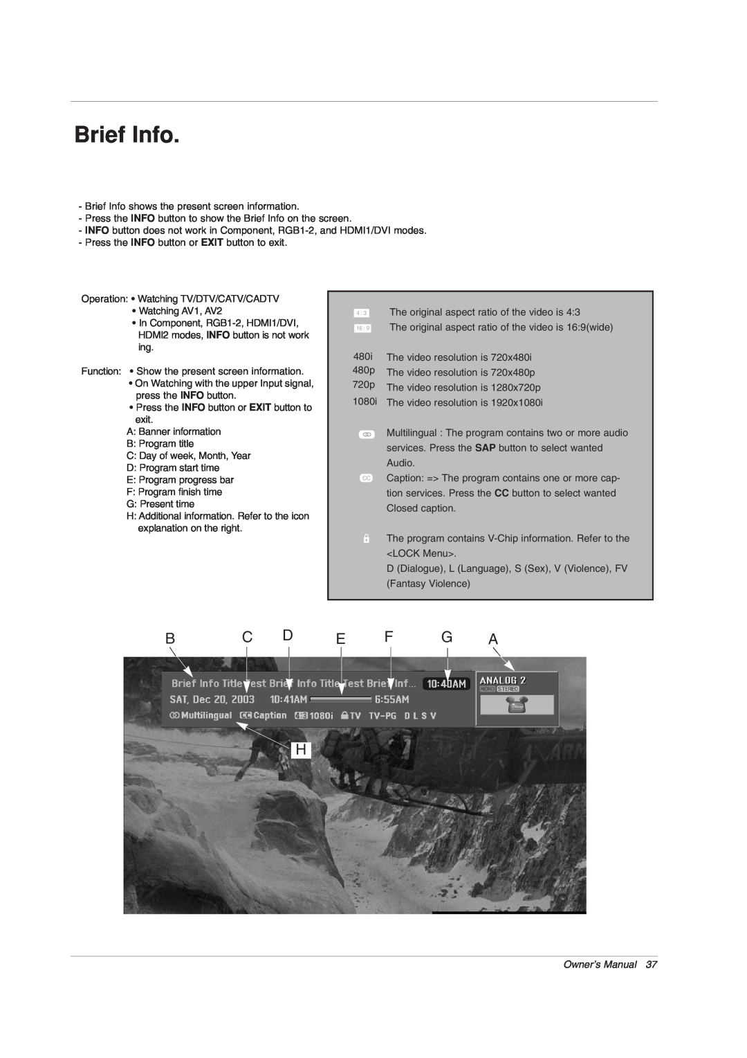 LG Electronics 42PX7DC owner manual Brief Info, B C D E F G A H 