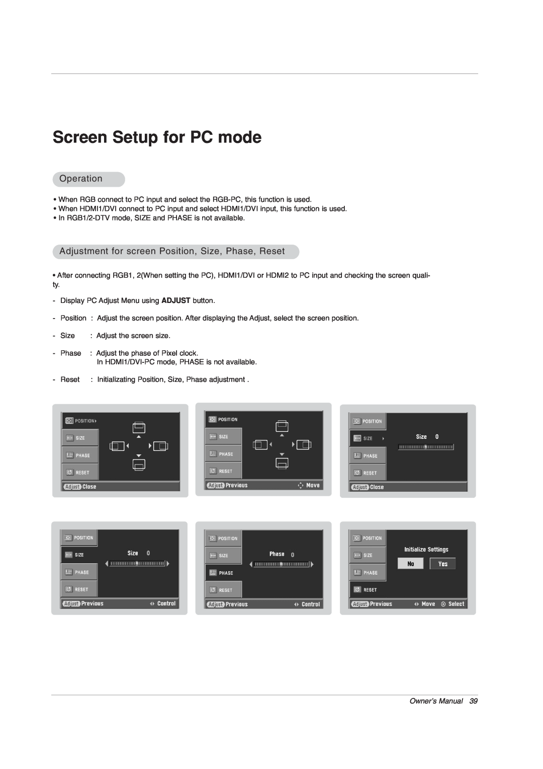 LG Electronics 42PX7DC owner manual Screen Setup for PC mode, Operation, Adjustment for screen Position, Size, Phase, Reset 