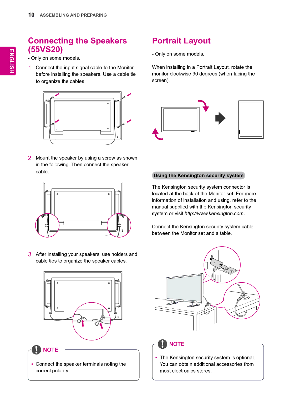 LG Electronics 42VS20 owner manual Connecting the Speakers 55VS20, Portrait Layout, Using the Kensington security system 