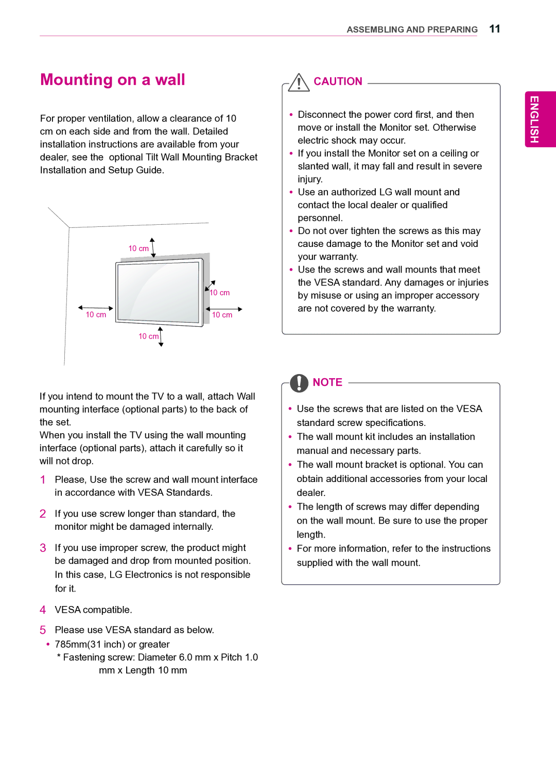 LG Electronics 42VS20 owner manual Mounting on a wall 