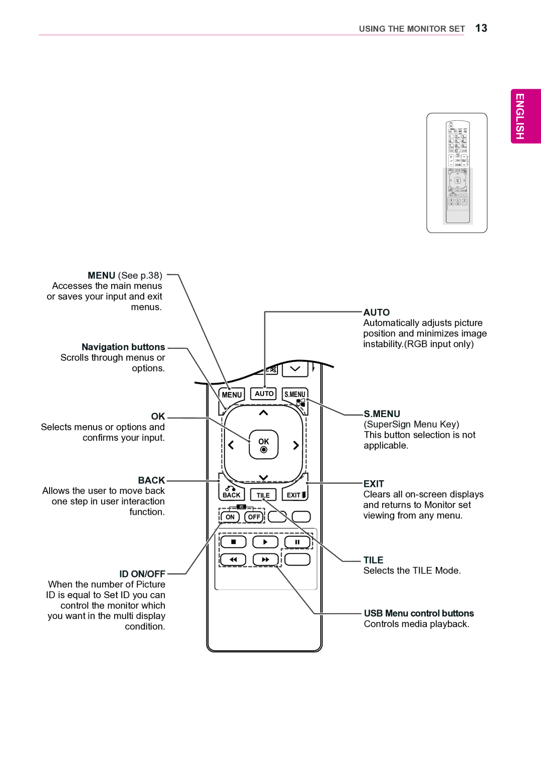 LG Electronics 42VS20 Navigation buttons Scrolls through menus or, One step in user interaction, Returns to Monitor set 