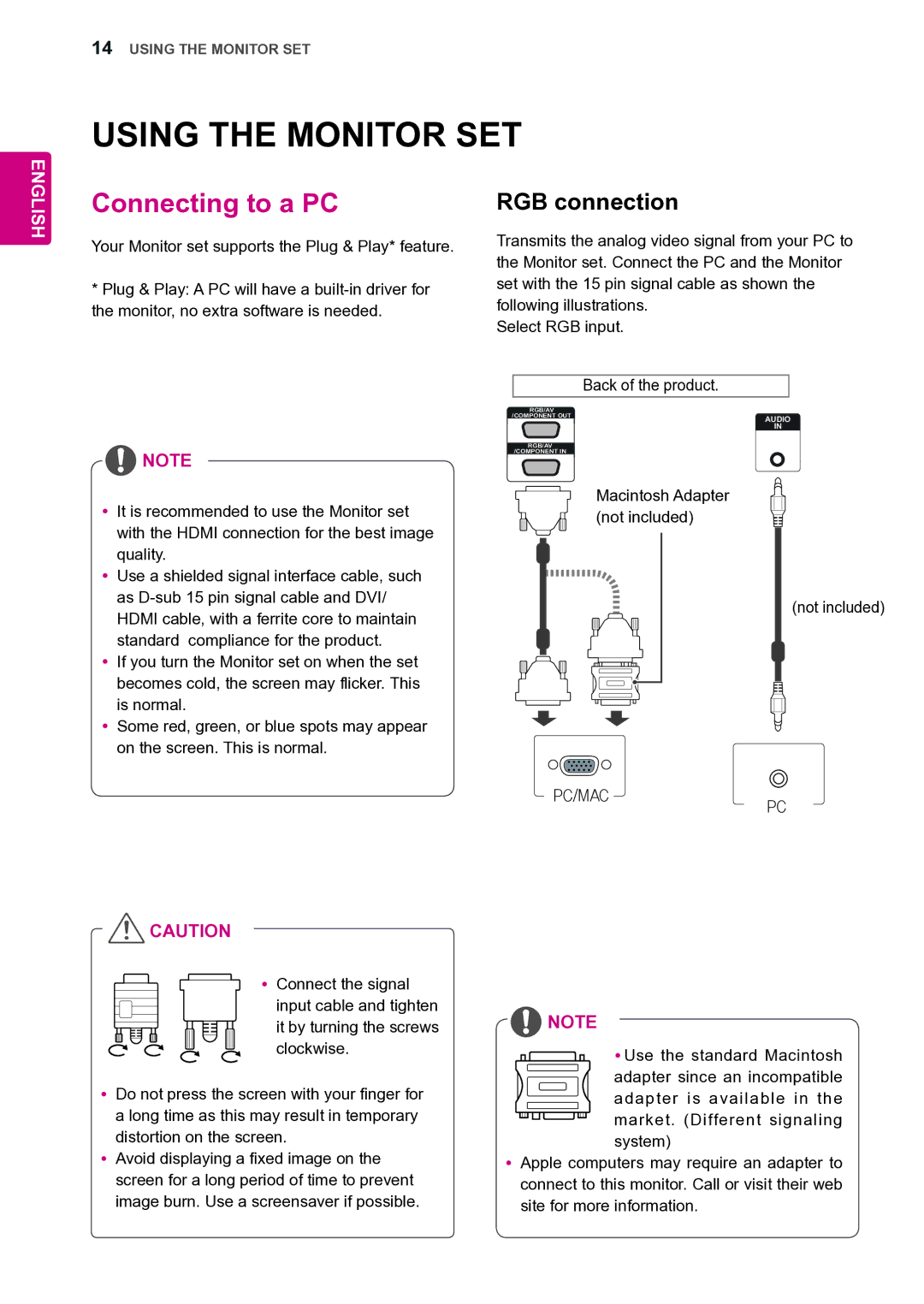 LG Electronics 42VS20 Using the Monitor SET, Connecting to a PC, RGB connection, Macintosh Adapter not included 