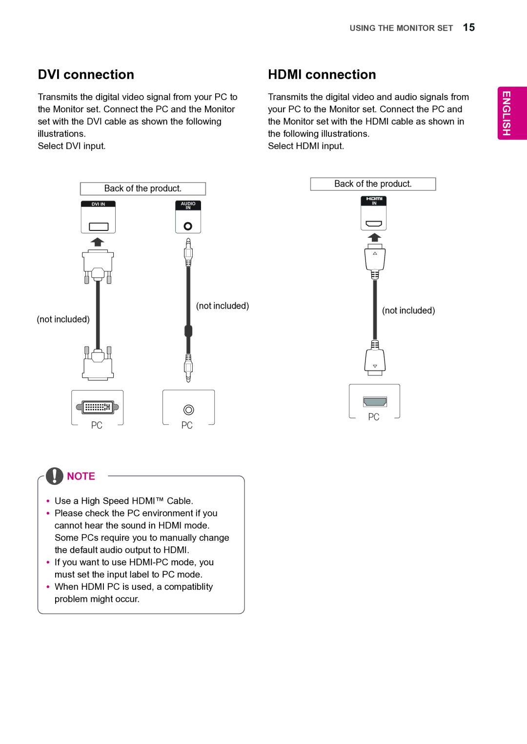 LG Electronics 42VS20 owner manual DVI connection, Hdmi connection, Problem might occur Not included 