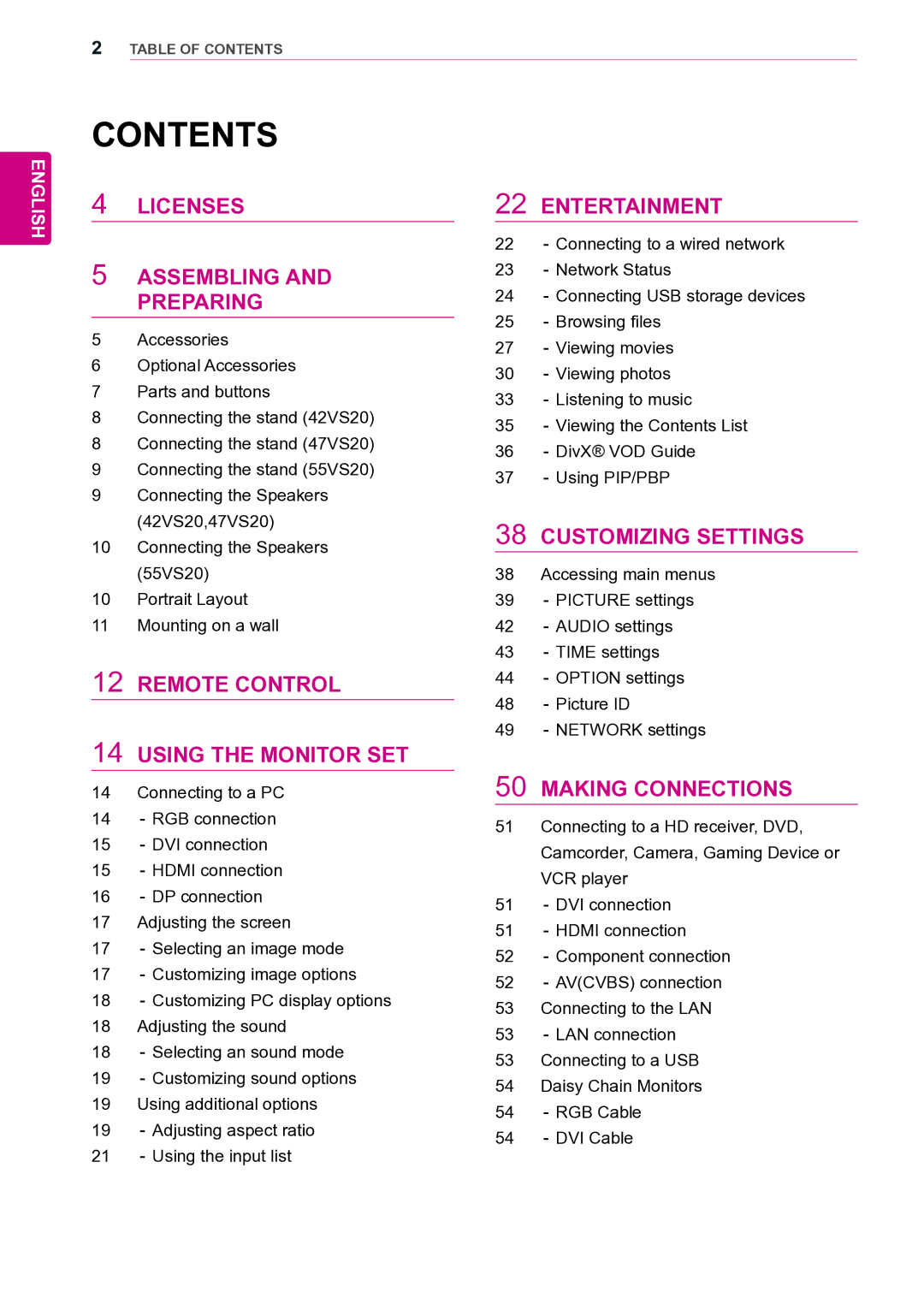 LG Electronics 42VS20 owner manual Contents 