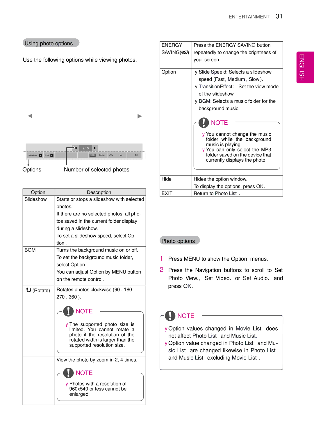 LG Electronics 42VS20 Using photo options, Use the following options while viewing photos, Options, Photo options, Bgm 